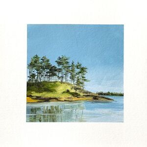 8x8 Maine Original Oil Painting Landscape Coastal Seascape Pines Rock Art Signed